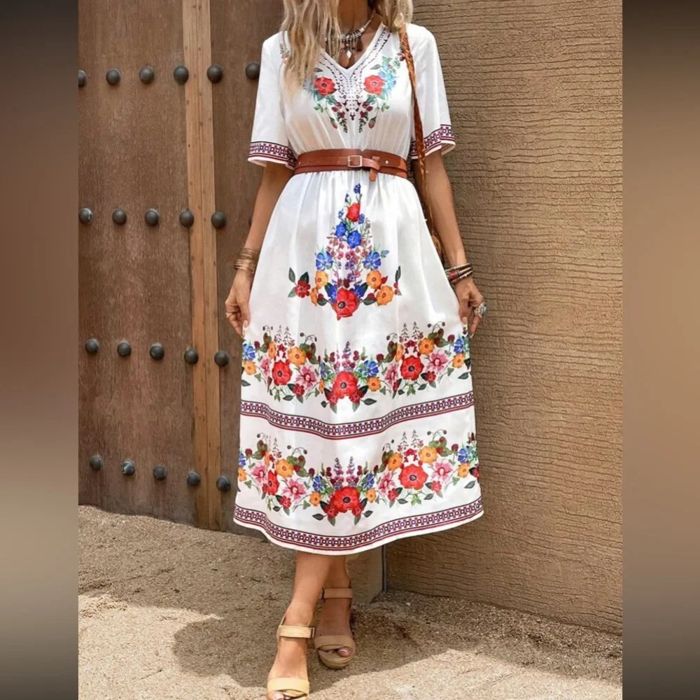 Boho floral print knot front midi dress